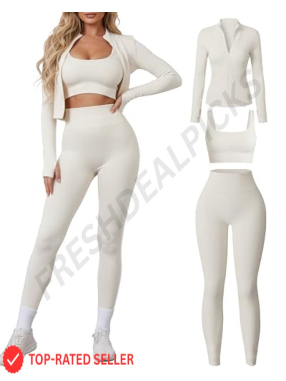 Seamless 3 Piece Workout Set Sports Bra High Waisted Leggings Zip Up Jacket